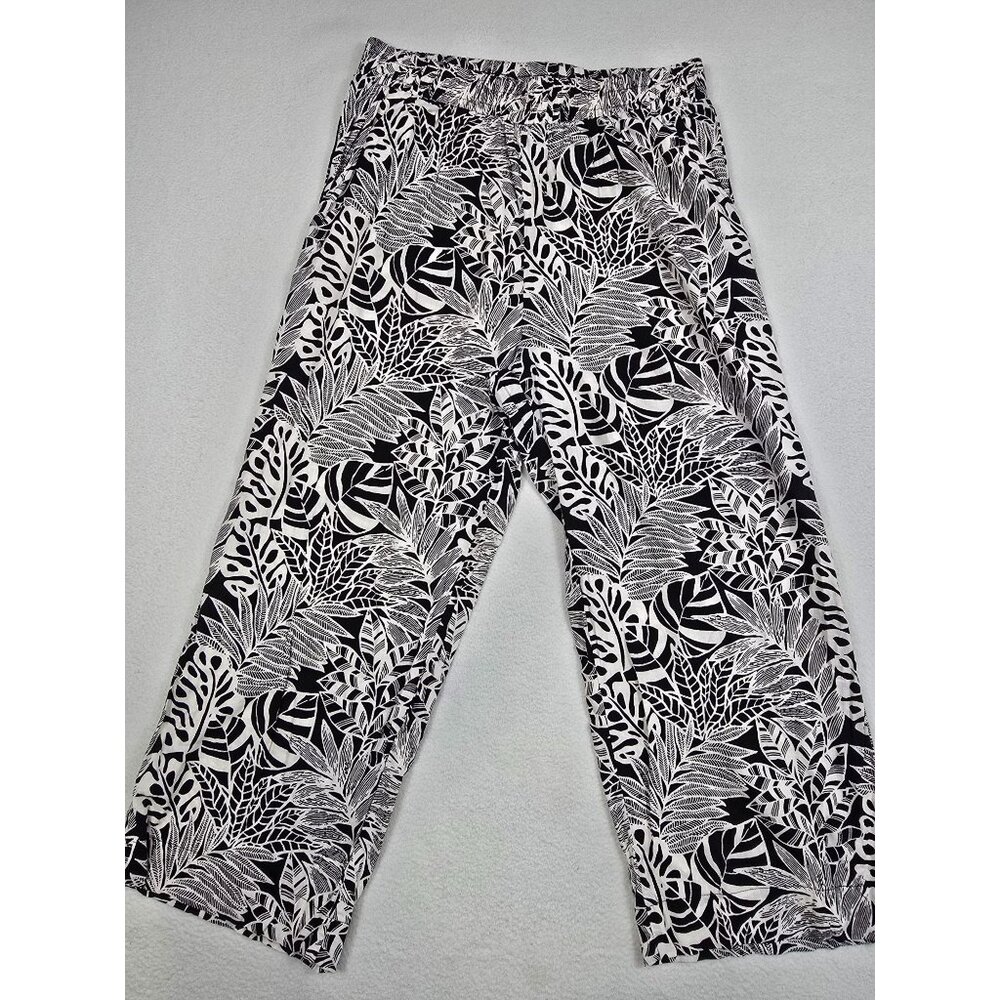 Panama Jack Black & White Tropical Leaf Print Linen Blend Wide Leg Pants XL